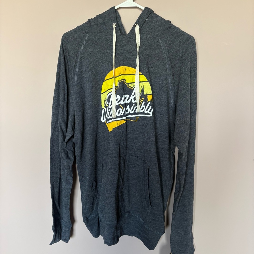 Drink Wisconsinbly Gray/Blue Hoodie with Yellow‎ Graphic